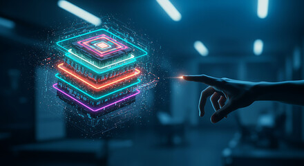 Futuristic digital concept showing a human hand interacting with a glowing, layered holographic data structure or processor stack, symbolizing artificial intelligence, big data
