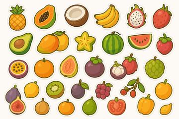 Cartoon tropical fruit collection: vibrant assortment of bananas, mangoes, and more