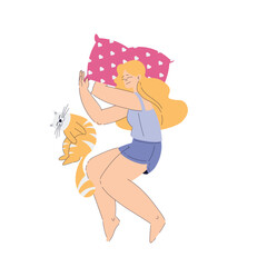 Woman Sleep on Soft Pillow Have Sweet Dreams Vector Illustration