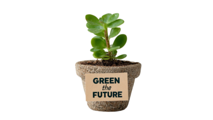 PNG of A small succulent plant in a biodegradable pot, promoting sustainability with a 'Green the Future' label.