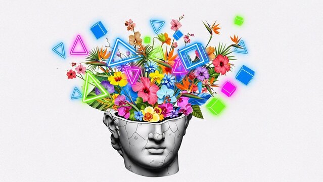A classical bust with an explosion of colorful flowers and glowing geometric shapes emerging from its head on a white background.