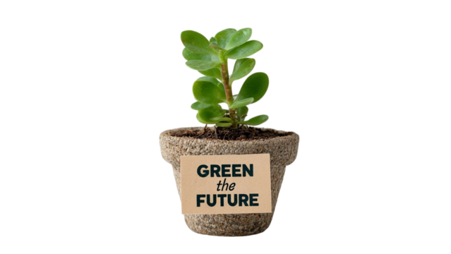 PNG of A small succulent plant in a biodegradable pot, promoting sustainability with a 'Green the Future' label.