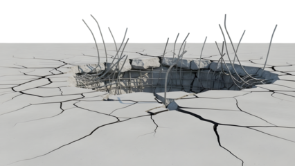 Cracked concrete surface with exposed rebar and rubble in a hole isolated on a transparent background