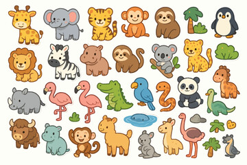 Obraz premium Cute cartoon animals set: jungle, safari, and ocean creatures collection