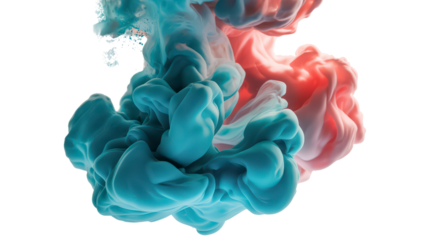Artistic Ink Cloud Underwater with Teal and Coral Colors in Liquid Isolated On Transparent Background for Use As Design Element Two Colors Blend