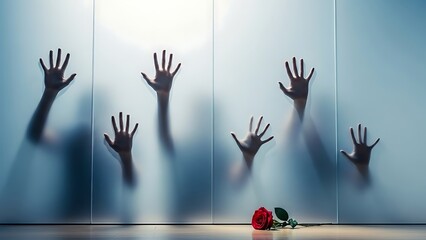 Eerie hands reaching through frosted glass, a red rose on the floor creates a sense of mystery and emotional intensity, perhaps a poignant symbol of lost love,Generated Image