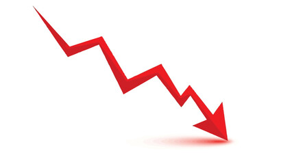 Obraz premium A red arrow graphic points downward in a sharp decline against a white background.