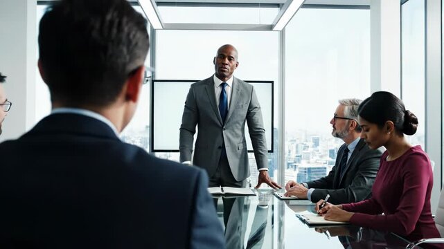 African american businessman leading a diverse group of professionals in a modern highrise boardroom meeting with city view background