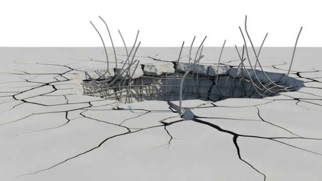 Cracked concrete surface with exposed rebar and rubble in a hole isolated on a transparent background