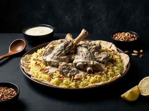 Traditional Jordanian Mansaf with lamb rice and jameed yogurt sauce on a dark table.