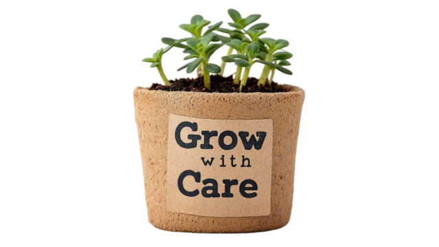 PNG of A small potted succulent with the words 'Grow with Care' on the pot, symbolizing nurturing and growth.