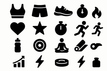 Fitness icons set: sports, exercise, yoga, running, and wellness symbols