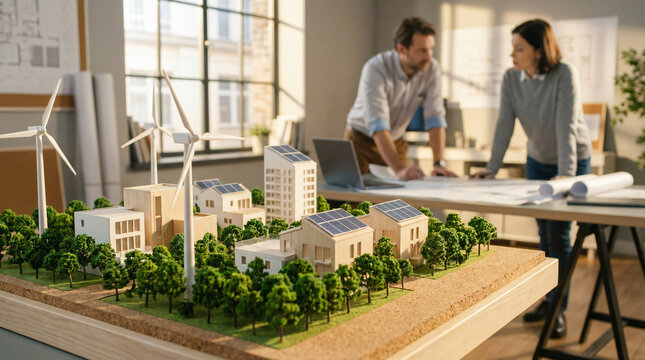 Detailed architectural scale model of a sustainable city featuring wind turbines and solar panels with engineers working in the background of a modern design studio. - Powered by Adobe