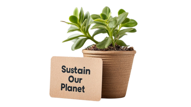PNG of A vibrant green plant in a biodegradable pot, accompanied by a card that reads 'Sustain Our Planet' emphasizing eco-friendliness.