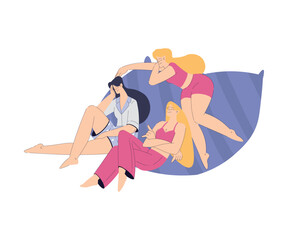 Group of Woman in Pajamas Have Party Enjoy Sleepover Vector Illustration