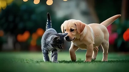 Sunlit Garden Pals: Playful Puppy and Kitten Adventure