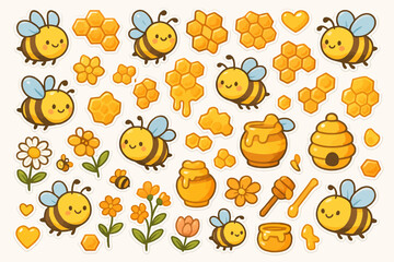 Cute cartoon bees with honeycombs, flowers, and honey jars