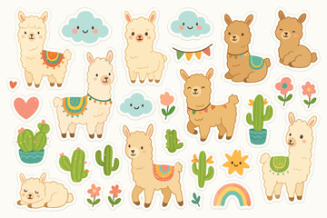 Obraz premium Cute llama stickers with cacti, clouds, and rainbows in pastel colors