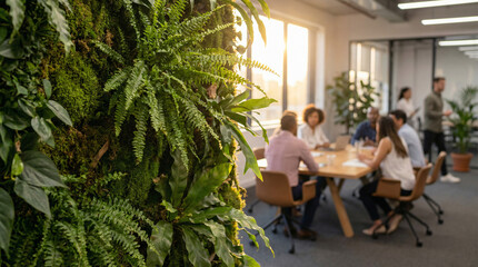 Modern eco-friendly open plan office interior featuring a lush vertical green plant wall with blurred business colleagues collaborating and walking in the background.