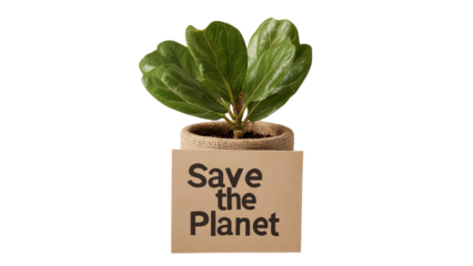 PNG of A vibrant green plant in a natural pot beside a card that reads 'Save the Planet', symbolizing eco-friendliness.