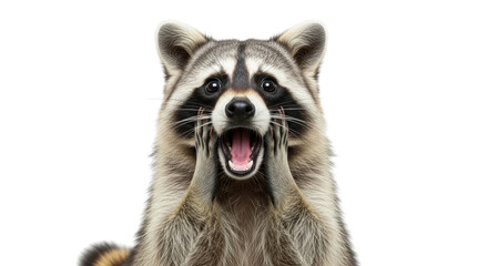 Fototapeta premium Surprised raccoon with open mouth and paws on face, funny shouting raccoon portrait, expressive wildlife animal isolated on white background