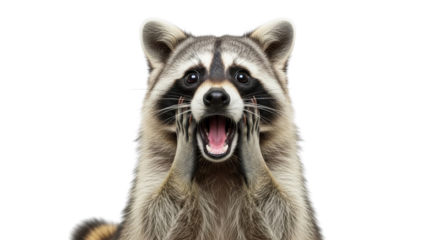 Raccoon with funny expression holding hands to face isolated PNG with Transparent Background