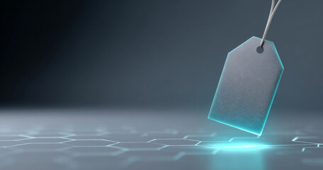 Futuristic glowing price tag hanging over hexagonal digital surface with blue light and dark background