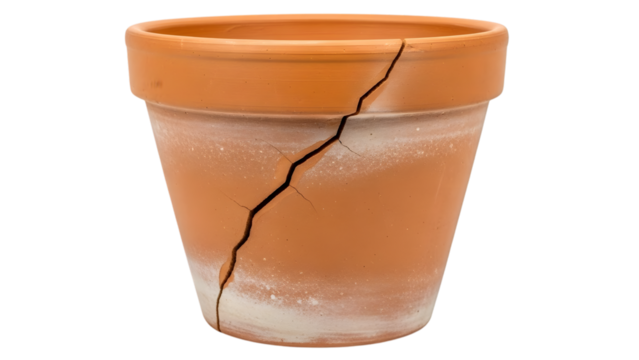 Cracked terracotta plant pot with visible damage and white residue isolated on a transparent background