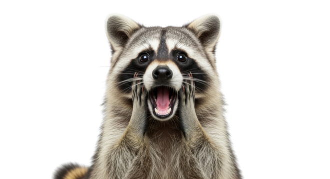 Raccoon with funny expression holding hands to face isolated PNG with Transparent Background