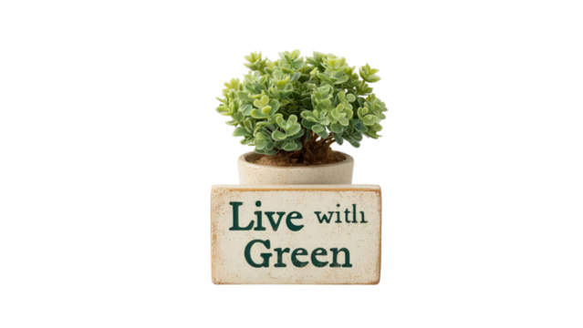 PNG of A small, vibrant green plant in a decorative pot with the words 'Live with Green', perfect for nature lovers.