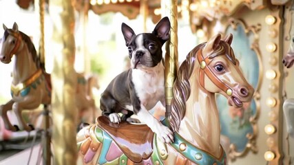 Cute Boston Terrier dog rides carousel horse, playful pet on merry-go-round. - Powered by Adobe