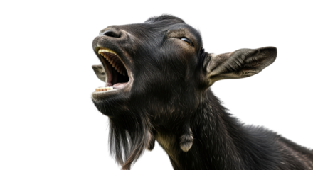 Close-up of a black goat with an open mouth isolated PNG with Transparent Background