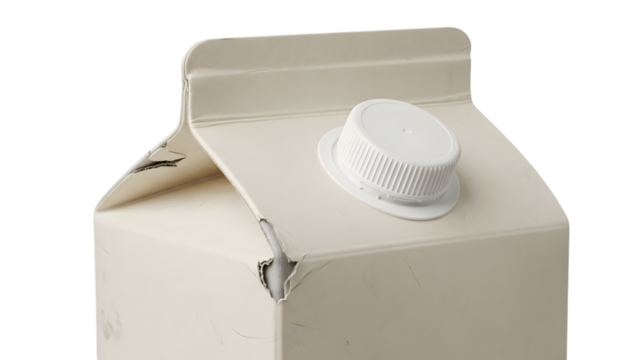 Cream colored carton with white plastic cap showing slight wear and tear isolated on a transparent background