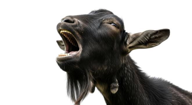 Close-up of a black goat with an open mouth isolated PNG with Transparent Background