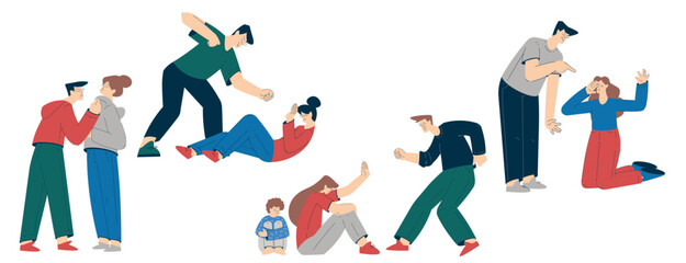 Domestic Abuse and Violence with Man Character Hitting Woman Vector Set