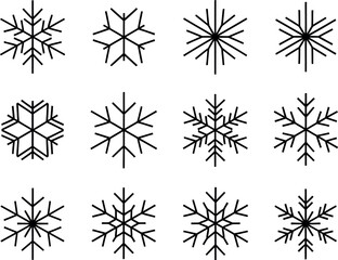 Snowflake icons vector collection set in black outline, perfect for winter holiday greeting cards, decoration, and web design elements.