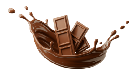 Chocolate Bar Pieces Falling With Liquid Splash Isolated On Transparent Background Dark Milk Chocolate Dessert Pieces With Splash For Confectionery Or Sweet Food