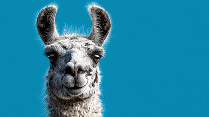 Obraz premium A close-up portrait of a llama with an expressive face and a vibrant blue background