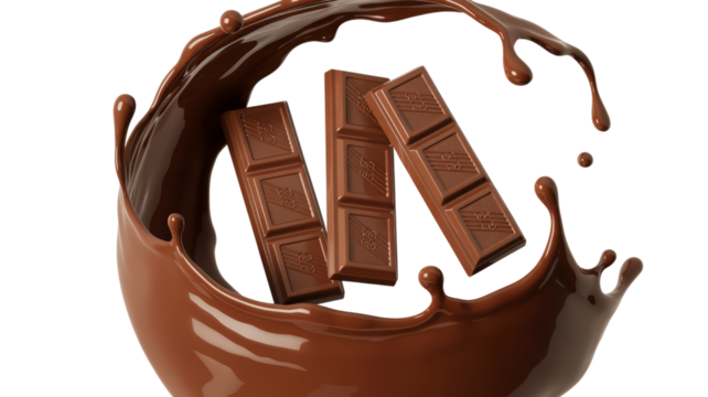 Chocolate Bar Pieces With Liquid Splash Isolated On Transparent Background Milk Dark Chocolate Dessert Pieces With Splash For Confectionery Or Sweet Food Treat