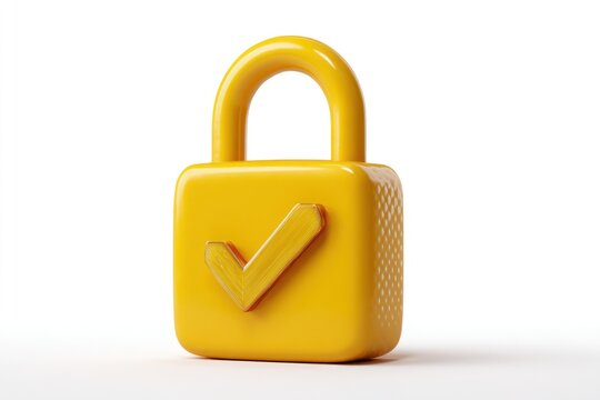 A bright yellow padlock with a checkmark embossed on its surface signifies security and approval.