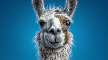 Obraz premium A close-up portrait of a llama with a charming expression, set against a blue backdrop. The llama is the focal point, its unique markings and engaging eyes drawing the viewer in