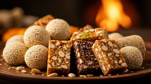 Festive Lohri Sweets Til Laddu and Chikki Displayed Against a Warm Fireplace Backdrop, Representing Traditional Indian Celebrations