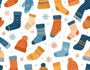 Winter accessories seamless pattern featuring hats, socks and scarfs with snowflakes