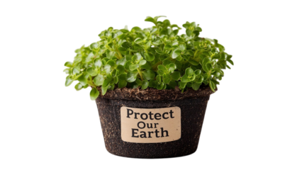 PNG of A vibrant green potted plant with a label reading 'Protect Our Earth'. Perfect for eco-friendly themes.