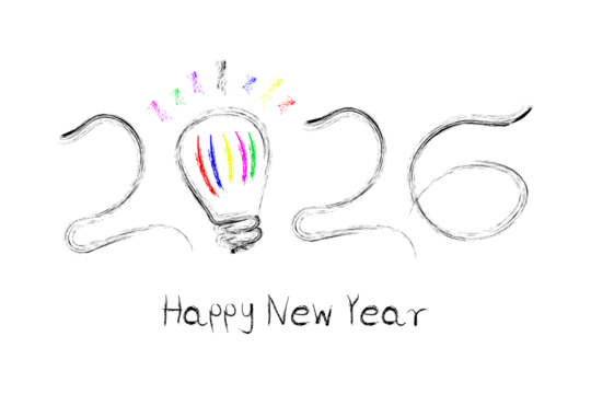 Black handdrawn style graphic showing the year 2026 with the number zero replaced by a colorful light bulb illustration and text reading happy new year below, isolated on transparent background