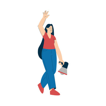 Woman Character Protesting in Street with Megaphone Participate in Riot Vector Illustration