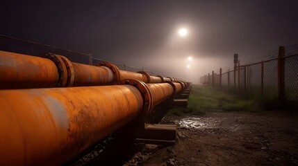 Industrial pipelines stretch into the foggy night illuminated by distant lights in an atmospheric scene