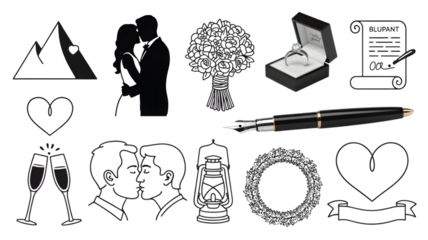 Collection of wedding and romance icons in black and white isolated on transparent background