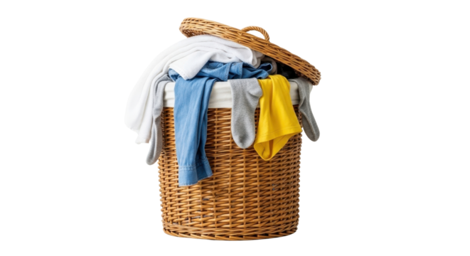 Laundry basket overflowing with clothes isolated PNG with Transparent Background