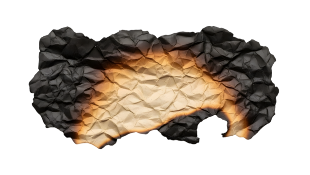 Crumpled burnt paper with glowing embers and charred edges isolated on a transparent background image